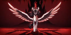 Size: 2400x1200 | Tagged: safe, imported from derpibooru, king sombra, alicorn, pony, ai content, ai generated, alicornified, black eyeshadow, eyeshadow, female, glowing, glowing horn, horn, makeup, mare, prompter:greesys, queen umbra, race swap, rule 63, solo, sombracorn, spread wings, wings