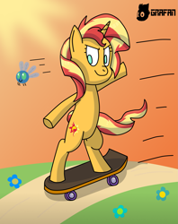 Size: 1611x2033 | Tagged: safe, artist:gradiusfanatic, imported from derpibooru, sunset shimmer, parasprite, pony, unicorn, bipedal, female, flower, horn, outdoors, skate, skateboard, skateboarding, solo, spring