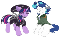 Size: 4000x2565 | Tagged: safe, artist:avery-valentine, imported from derpibooru, shining armor, twilight sparkle, pony, unicorn, alien (franchise), clothes, costume, duo, duo male and female, female, horn, male, simple background, transparent background