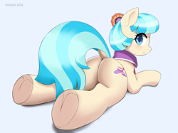 Size: 2808x2096 | Tagged: safe, artist:vinilyart, imported from derpibooru, coco pommel, earth pony, pony, butt, dock, female, lying down, mare, plot, prone, solo, tail, underhoof