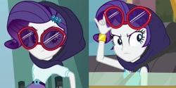 Size: 1280x642 | Tagged: safe, imported from derpibooru, screencap, rarity, human, equestria girls, fomo, spoiler:eqg series (season 2), comparison, equestria girls specials, female, hood, my little pony equestria girls: better together, my little pony equestria girls: dance magic, seatbelt, sunglasses, sunglasses on head