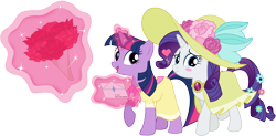 Size: 8000x3936 | Tagged: safe, artist:twilirity, imported from derpibooru, rarity, twilight sparkle, pony, unicorn, absurd resolution, birthday dress, bouquet, bouquet of flowers, clothes, dress, female, flower, lesbian, letter, magic, mare, rarilight, shipping, simple background, transparent background, unicorn twilight, vector