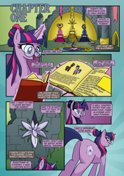 Size: 1920x2715 | Tagged: safe, artist:alexdti, artist:v-nico, imported from derpibooru, twilight sparkle, pony, comic:alicorn of magic, alternate cutie mark, alternate hairstyle, book, butt, flower, glasses, magic, plot, solo