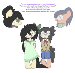 Size: 1754x1707 | Tagged: safe, artist:castafae, imported from derpibooru, oc, oc only, oc:ceiling fan, oc:floor bored, oc:ichi, oc:taku, earth pony, pony, satyr, ascot, blushing, bow, braces, clothes, crossdressing, dialogue, dork, dress, female, glasses, grin, hair bow, hair bun, hair over one eye, jewelry, long tail, male, mother and child, mother and daughter, necklace, nervous, nervous grin, older, parent:oc:anon, parent:oc:floor bored, parent:oc:taku, pin, ponytail, simple background, skirt, smiling, tail, white background