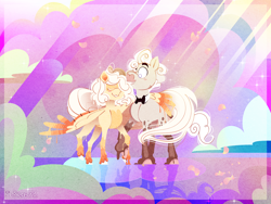 Size: 2048x1536 | Tagged: safe, artist:mrraapeti, imported from derpibooru, oc, oc only, oc:egg milky, oc:milk man, earth pony, food pony, original species, pegasus, pony, :3, abstract background, blank flank, blush lines, blushing, bowtie, brown hooves, cloud, coat markings, colored eyebrows, colored eyelashes, colored hooves, colored pinnae, colored wings, commission, cream coat, curly mane, curly tail, detailed, detailed background, duo, duo male and female, facial hair, facial markings, female, female oc, flowing tail, fluffy mane, food, hair over one eye, holding hooves, hooves, hug, leg markings, lineless, long tail, looking at someone, male, mare, mare oc, multicolored wings, necktie, oc x oc, one wing out, ponified, ponysona, raised hoof, raised leg, reflection, shipping, signature, sky, smiling, smiling at someone, snip (coat marking), socks (coat markings), sparkles, spread wings, standing, standing on three hooves, standing on two hooves, straight, tail, thin legs, three quarter view, three toned wingtips, wall of tags, white eyelashes, white mane, white tail, winghug, wings, yellow coat