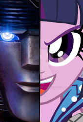 Size: 1019x1500 | Tagged: safe, edit, edited screencap, imported from derpibooru, screencap, twilight sparkle, human, robot, equestria girls, clash of hasbro's titans, cybertronian, female, male, optimus prime, orion pax, photo, transformers, transformers one, two sided posters, two sides