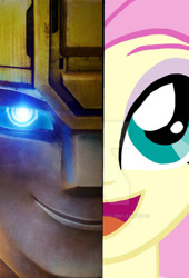 Size: 1019x1500 | Tagged: safe, edit, edited screencap, imported from derpibooru, screencap, fluttershy, human, robot, equestria girls, b-127, bumblebee (transformers), clash of hasbro's titans, cybertronian, female, male, photo, transformers, transformers one, two sided posters, two sides