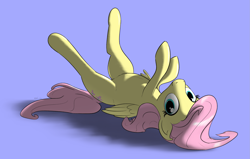 Size: 2381x1515 | Tagged: safe, artist:eels, imported from derpibooru, fluttershy, pegasus, pony, belly, belly fluff, cute, female, legs in air, looking at you, lying down, mare, on back, round belly, shyabetes, smiling, solo, upside down