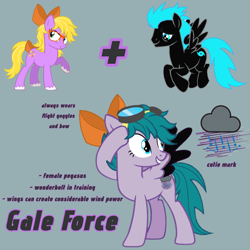 Size: 1280x1280 | Tagged: safe, artist:lucky bolt, artist:pegasski, imported from derpibooru, oc, oc only, oc:cyclone storm, oc:gale force, oc:misty breeze, earth pony, pegasus, pony, base used, bow, colored wings, cutie mark, feathered fetlocks, female, fusion, glasses, goggles, hair bow, male, next generation, oc x oc, raised hoof, reference sheet, shipping, tail, tail bow, two toned wings, wings