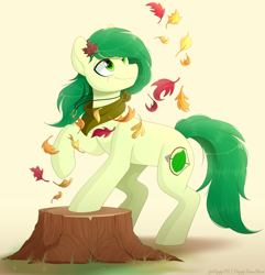 Size: 1500x1557 | Tagged: safe, artist:higgly-chan, imported from derpibooru, oc, oc only, oc:emerald mask, pony, clothes, grass, jewelry, leaves, looking up, male, necklace, outdoors, raised hoof, ring, scarf, simple background, smiling, solo, stallion, tree stump, wind blowing