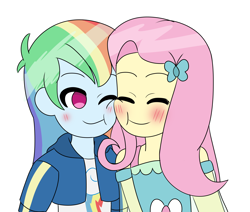 Size: 3680x3120 | Tagged: safe, imported from derpibooru, fluttershy, rainbow dash, human, equestria girls, :t, blush lines, blushing, cheek squish, cheek to cheek, duo, duo female, eyes closed, female, flutterdash, lesbian, one eye closed, shipping, simple background, smiling, squishy cheeks, white background