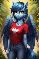 Size: 512x768 | Tagged: prompter needed, source needed, safe, imported from derpibooru, oc, oc only, oc:pixi feather, anthro, pegasus, ai content, ai generated, clothes, denim, looking at you, outdoors, partially open wings, pegasus oc, shirt, smiling, t-shirt, tree, wings