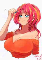 Size: 1400x2000 | Tagged: safe, artist:sozglitch, imported from derpibooru, sunset shimmer, human, :/, big breasts, breasts, busty sunset shimmer, cleavage, huge breasts, nail polish, redhead, teal eyes