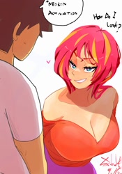 Size: 1400x2000 | Tagged: safe, artist:sozglitch, imported from derpibooru, sunset shimmer, oc, oc:anon, human, big breasts, breasts, busty sunset shimmer, cleavage, grin, huge breasts, neuron activation, redhead, smiling, teal eyes