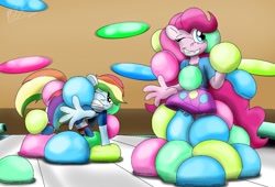 Size: 1400x950 | Tagged: safe, artist:mrsilveralpha, imported from derpibooru, pinkie pie, rainbow dash, anthro, earth pony, pegasus, ball expansion, balls, bondage, encasement, female, grin, gritted teeth, growth, kronos unveiled, nudity, one eye closed, smiling, sticky, teeth