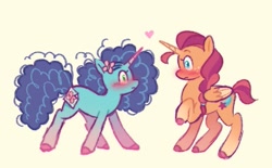 Size: 619x385 | Tagged: safe, artist:nikokatt, imported from derpibooru, sunny starscout, alicorn, butterfly, pony, unicorn, blushing, covered cutie mark, duo, duo female, female, g5, heart, horn, lesbian, looking at each other, looking at someone, mare, misty brightdawn, race swap, shipping, simple background, sunnycorn, sunnydawn, yellow background