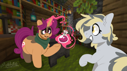 Size: 1280x720 | Tagged: safe, artist:myahster, imported from derpibooru, oc, oc only, oc:mystery brew, oc:totalspark, earth pony, unicorn, cauldron, horn, indoors, magic, magic aura, minecraft, potion, signature, telekinesis