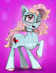 Size: 1563x2025 | Tagged: safe, artist:chopsticks, imported from derpibooru, oc, oc only, oc:charlotte parker, earth pony, pony, black eyeshadow, butt fluff, cheek fluff, chest fluff, concave belly, countershading, cute, ear fluff, ear piercing, earring, eye clipping through hair, eyebrows, eyebrows visible through hair, eyeshadow, female, fluffy, glasses, gradient mane, jewelry, leg fluff, looking at you, makeup, mare, necklace, one eye closed, open mouth, piercing, raised hoof, smiling, smiling at you, solo, stray strand, thin, unshorn fetlocks, wink, winking at you