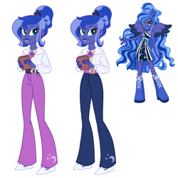 Size: 1280x1280 | Tagged: safe, artist:dazzle, imported from derpibooru, princess luna, equestria girls, accessory, belt, black nail polish, blue eyeshadow, bun hairstyle, clothes, colored wings, concept, dress, eyeshadow, hair bun, lips, makeup, ponied up, pony coloring, shoulderless, simple background, spread wings, starry hair, striped dress, two toned wings, vice principal luna, waifu material, wavy hair, white background, wings, zebra dress