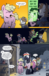 Size: 2480x3794 | Tagged: safe, artist:php104, imported from derpibooru, oc, oc only, oc:calamity, oc:littlepip, oc:pinkie bell, oc:silver bell, oc:velvet remedy, pegasus, pony, unicorn, fallout equestria, ammunition, armor, bag, barrel, battle saddle, bottle, clothes, comic, confetti, detailed background, door, dress, fanfic art, female, filly, flying, foal, gun, handgun, horn, jumping, jumpsuit, little macintosh, medical saddlebag, night, pickaxe, pipbuck, revolver, rock farm, shrug, sitting, smiling, smoke, speech bubble, vault suit, walking, weapon, wings