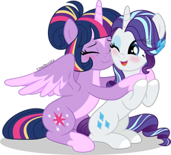 Size: 3859x3500 | Tagged: safe, artist:limedazzle, imported from derpibooru, rarity, twilight sparkle, alicorn, pony, alternate design, alternate hairstyle, duo, duo female, female, hug, lesbian, rarilight, shipping, simple background, snuggling, transparent background, twilight sparkle (alicorn), vector