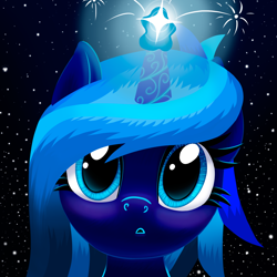 Size: 1894x1894 | Tagged: safe, artist:stellardust, imported from derpibooru, oc, oc only, oc:stellar dust, pony, unicorn, blushing, bust, female, glowing, glowing horn, horn, horn markings, looking at you, mare, open mouth, portrait, solo, sparkles, stars