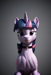 Size: 832x1216 | Tagged: safe, imported from derpibooru, twilight sparkle, pony, ai content, ai generated, alternative cutie mark placement, anonymous prompter, choker, ear fluff, female, gradient background, lipstick, looking at you, mare, solo