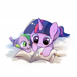 Size: 2048x2048 | Tagged: safe, artist:夏天就要吃冰糕, imported from derpibooru, spike, twilight sparkle, dragon, pony, unicorn, baby, baby dragon, baby spike, blushing, book, brother and sister, cute, duo, duo male and female, female, filly, filly twilight sparkle, foal, hoof on cheek, horn, lying down, male, pencil, prone, reading, siblings, simple background, smiling, sparkle siblings, spikabetes, twiabetes, unicorn twilight, white background, wingless spike, younger