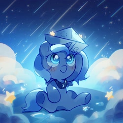 Size: 2048x2048 | Tagged: safe, artist:夏天就要吃冰糕, imported from derpibooru, princess luna, alicorn, pony, blushing, cartographer's cap, cloud, female, filly, filly luna, foal, gradient background, hat, outdoors, paper boat, rain, sitting, solo, spread legs, spread wings, spreading, stars, wings, woona, younger