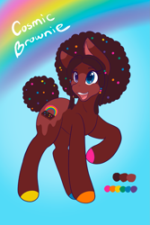 Size: 1365x2048 | Tagged: safe, artist:mscolorsplash, imported from derpibooru, oc, oc only, oc:cosmic brownie, earth pony, pony, adoptable, afro, coat markings, colored hooves, colored pupils, female, hooves, mare, multicolored hooves, open mouth, open smile, ponified, rainbow, smiling