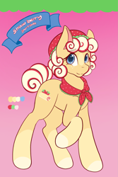 Size: 1365x2048 | Tagged: safe, artist:mscolorsplash, imported from derpibooru, oc, oc only, oc:strawberry shortcake, earth pony, pony, adoptable, cap, coat markings, eyebrows, eyebrows visible through hair, female, gradient background, hat, mare, ponified, raised hoof, shawl, socks (coat markings), solo