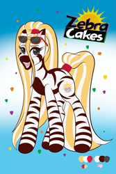 Size: 1365x2048 | Tagged: safe, artist:mscolorsplash, imported from derpibooru, oc, oc only, oc:zebra cakes, pony, zebra, adoptable, colored pupils, gradient background, hair tie, open mouth, open smile, ponified, smiling, solo, sunglasses, sunglasses on head, tail tie, zebra cakes, zebra oc