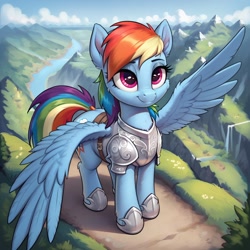 Size: 1024x1024 | Tagged: safe, imported from derpibooru, rainbow dash, pegasus, pony, ai content, ai generated, armor, breastplate, generator:pony diffusion v6 xl, generator:stable diffusion, mountain, outdoors, prompter:thelight3d, scenery, solo, spread wings, wings