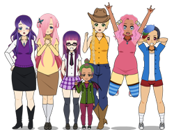 Size: 800x600 | Tagged: safe, artist:lemonjams, imported from derpibooru, applejack, fluttershy, pinkie pie, rainbow dash, rarity, spike, twilight sparkle, dragon, human, arm behind head, belt, blushing, boots, clothes, cowboy boots, denim, dragon wings, female, glasses, grin, hair over one eye, height difference, high heel boots, human spike, humanized, jeans, kisekae, light skin, looking at you, male, mane seven, mane six, necktie, pants, plaid skirt, shirt, shoes, simple background, skirt, smiling, smiling at you, socks, striped socks, suspenders, sweater vest, tan skin, transparent background, winged humanization, winged spike, wings