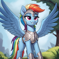 Size: 1024x1024 | Tagged: safe, imported from derpibooru, rainbow dash, pegasus, pony, ai content, ai generated, armor, breastplate, generator:pony diffusion v6 xl, generator:stable diffusion, helmet, outdoors, prompter:thelight3d, solo, spread wings, tree, wings