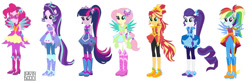 Size: 1280x422 | Tagged: safe, artist:xxdavid5000xx, imported from derpibooru, applejack, fluttershy, pinkie pie, rainbow dash, rarity, sci-twi, starlight glimmer, sunset shimmer, twilight sparkle, human, equestria girls, boots, clothes, cowboy boots, crystal guardian, high heel boots, humane five, humane seven, humane six, shoes, simple background, solo, white background