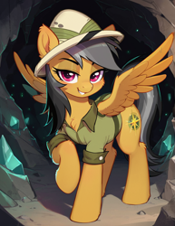 Size: 1000x1296 | Tagged: safe, generator:ponydiffusion, imported from derpibooru, daring do, pegasus, pony, ai content, ai generated, cave, generator:stable diffusion, lidded eyes, looking at you, looking back, looking back at you, prompter:ilager, raised hoof, smiling, smiling at you, solo, spread wings, wings