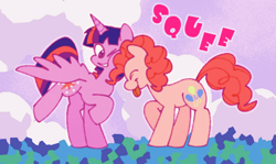 Size: 624x373 | Tagged: safe, artist:driftwoodpony, imported from derpibooru, pinkie pie, twilight sparkle, alicorn, earth pony, pony, cheek squish, cute, diapinkes, duo, duo female, eyes closed, female, headbutt, lesbian, mare, nuzzling, one eye closed, shipping, silly, spread wings, squishy cheeks, standing on two hooves, tongue out, twiabetes, twilight sparkle (alicorn), twinkie, wings