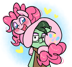 Size: 924x852 | Tagged: safe, artist:paperbagpony, imported from derpibooru, pinkie pie, oc, oc:dimbulb, glasses, hug, looking at you