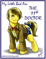 Size: 1024x1326 | Tagged: safe, artist:amelie-ami-chan, imported from derpibooru, part of a set, earth pony, pony, series:my little bad ass, 2011, bow, bowtie, clothes, deviantart watermark, doctor who, eleventh doctor, jacket, looking at you, male, necktie, obtrusive watermark, part of a series, ponified, signature, simple background, stallion, tail, tail bow, watermark, white background