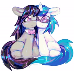 Size: 2048x1962 | Tagged: safe, artist:funnyhat12, imported from derpibooru, dj pon-3, octavia melody, vinyl scratch, earth pony, pony, unicorn, bangs, blush lines, blushing, bowtie, duo, duo female, ear fluff, female, glasses, heart, holding tails, horn, lesbian, looking at someone, mare, octavia's bowtie, scratchtavia, shipping, signature, simple background, sitting, sitting together, smiling, vinyl's glasses, white background