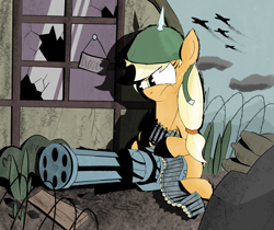 Size: 1214x1018 | Tagged: safe, artist:caralowhigh, imported from derpibooru, applejack, broken window, gun, helmet, minigun, plane, ponyville, solo, war, weapon, window