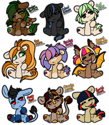 Size: 3942x4500 | Tagged: safe, artist:sexygoatgod, imported from derpibooru, oc, oc only, oc:bomb shell, oc:crunchy leaves, oc:garden gummy, oc:heart hoof, oc:hoof paint, oc:paisley pretty, oc:silent stream, oc:squash scramble, oc:sun glare, pony, adoptable, female, male, simple background, transparent background