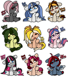 Size: 3942x4500 | Tagged: safe, artist:sexygoatgod, imported from derpibooru, oc, oc only, oc:autumn leaves, oc:bath time, oc:daisy duke, oc:fire light, oc:game glitch, oc:garden sprite, oc:heat lightning, oc:soft kisses, oc:velvet sheets, pony, adoptable, female, male, simple background, transparent background