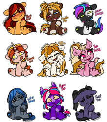 Size: 3942x4500 | Tagged: safe, artist:sexygoatgod, imported from derpibooru, oc, oc only, oc:clove oil, oc:crackle pop, oc:hyper pop, oc:laser energy, oc:late bloom, oc:pop song, oc:rose slip, oc:sun shine, oc:twist tie, pony, adoptable, female, male, simple background, transparent background