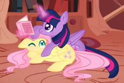 Size: 2898x1952 | Tagged: safe, artist:orcabunnies, imported from derpibooru, fluttershy, twilight sparkle, alicorn, pegasus, pony, book, colored pupils, cuddling, duo, duo female, female, folded wings, golden oaks library, high res, lesbian, lying down, mare, prone, reading, shipping, twilight sparkle (alicorn), twishy, wings