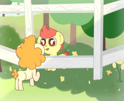 Size: 992x805 | Tagged: safe, artist:pinkietwinkie12, imported from derpibooru, bright mac, pear butter, earth pony, pony, the perfect pear, brightbutter, colt, duo, duo male and female, female, fence, filly, foal, male, shipping, straight