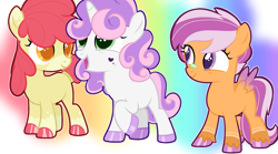 Size: 1199x666 | Tagged: safe, artist:pinkietwinkie12, imported from derpibooru, apple bloom, scootaloo, sweetie belle, earth pony, pegasus, pony, unicorn, cutie mark crusaders, female, filly, foal, horn, simple background, transparent background, trio, trio female