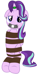 Size: 2000x3838 | Tagged: safe, artist:cardshark777, imported from derpibooru, starlight glimmer, pony, unicorn, bondage, bound and gagged, digital art, eyelashes, female, floppy ears, front view, gag, gem, helpless, hooves, hooves behind back, horn, horn ring, jewelry, looking at you, magic suppression, mare, ring, rope, rope bondage, simple background, sitting, solo, tape, tape gag, tied up, transparent background, underhoof, wip, worried