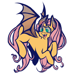 Size: 750x750 | Tagged: safe, artist:slimeysquirrels, imported from derpibooru, fluttershy, bat pony, pony, bats!, >:d, alternate eye color, bat ears, bat eyes, bat ponified, bat wings, blank flank, concave belly, eyelashes, fangs, flutterbat, membranous wings, open mouth, race swap, simple background, slit pupils, solo, watermark, white background, wings, wip